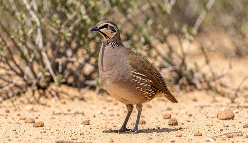 Nubian Francolin standing on sandy ground with shrubs in the background