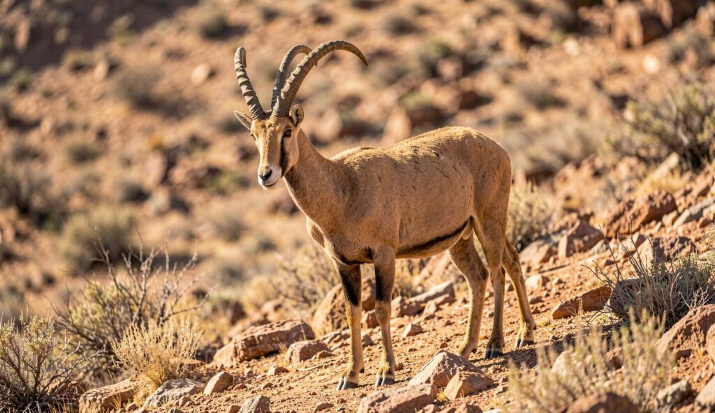 Nubian Ibex standing on a rocky desert slope with curved horns.