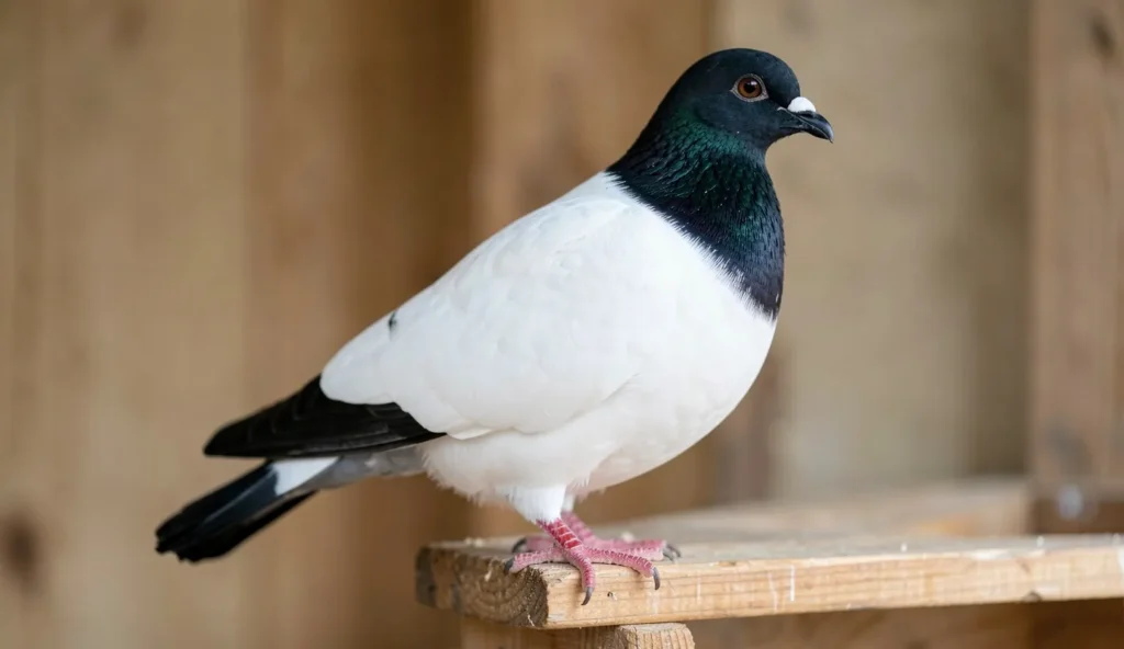 A white Nuns pigeon with black head and black tail perched on a wooden loft, side view.