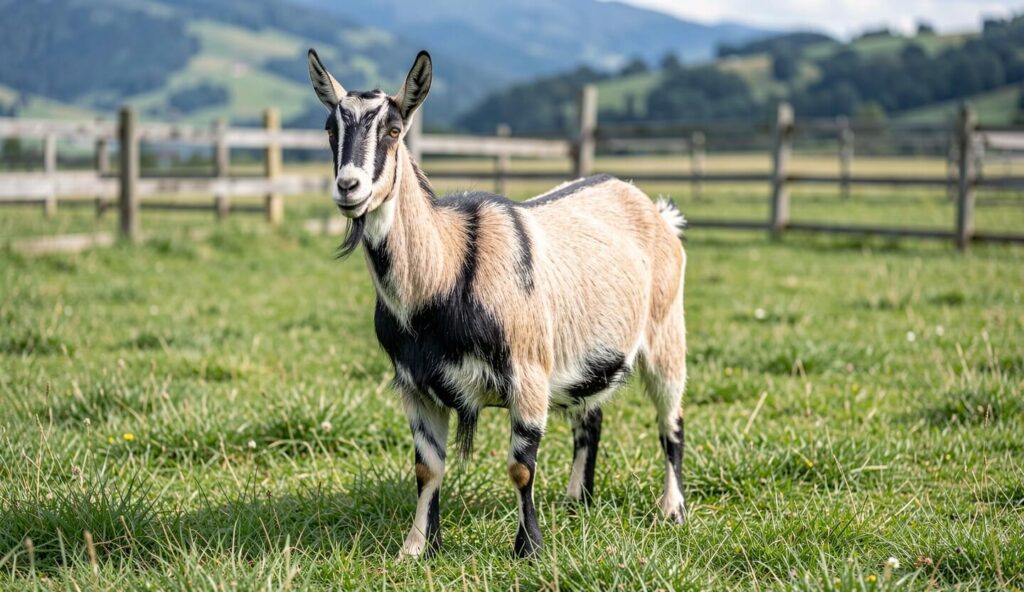 A bay Oberhasli goat with black markings stands on a grassy pasture with a wooden fence and hills behind