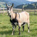 Oberhasli Goat – Characteristics, Temperament & Complete Breed Guide A bay Oberhasli goat with black markings stands on a grassy pasture with a wooden fence and hills behind