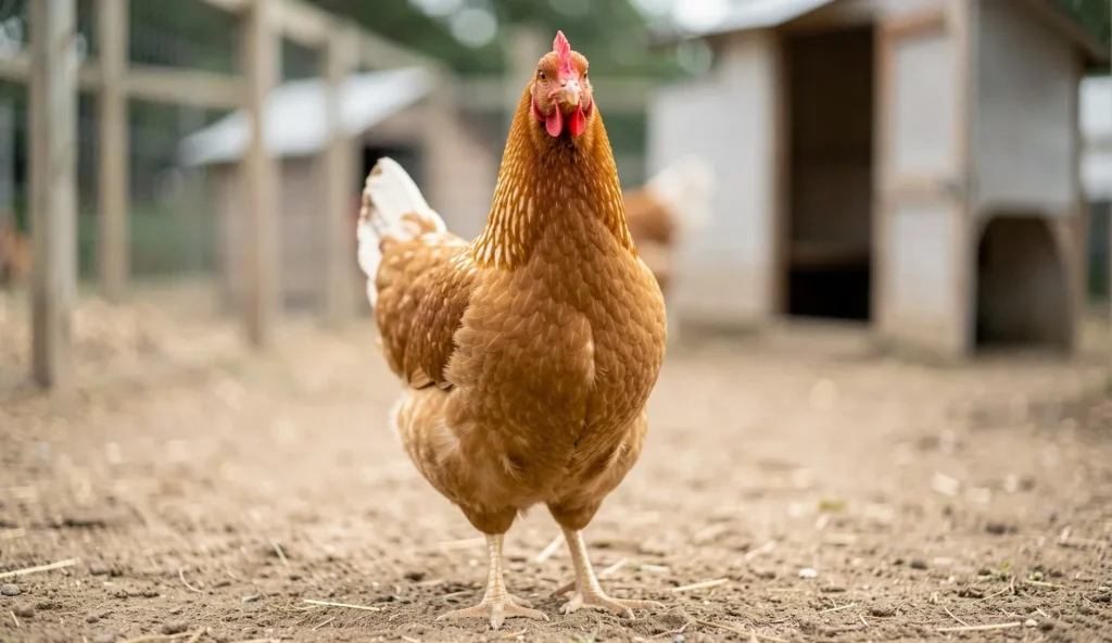 An Old English Game chicken standing upright in a clean outdoor run with its head held high.