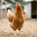 An Old English Game chicken standing upright in a clean outdoor run with its head held high.