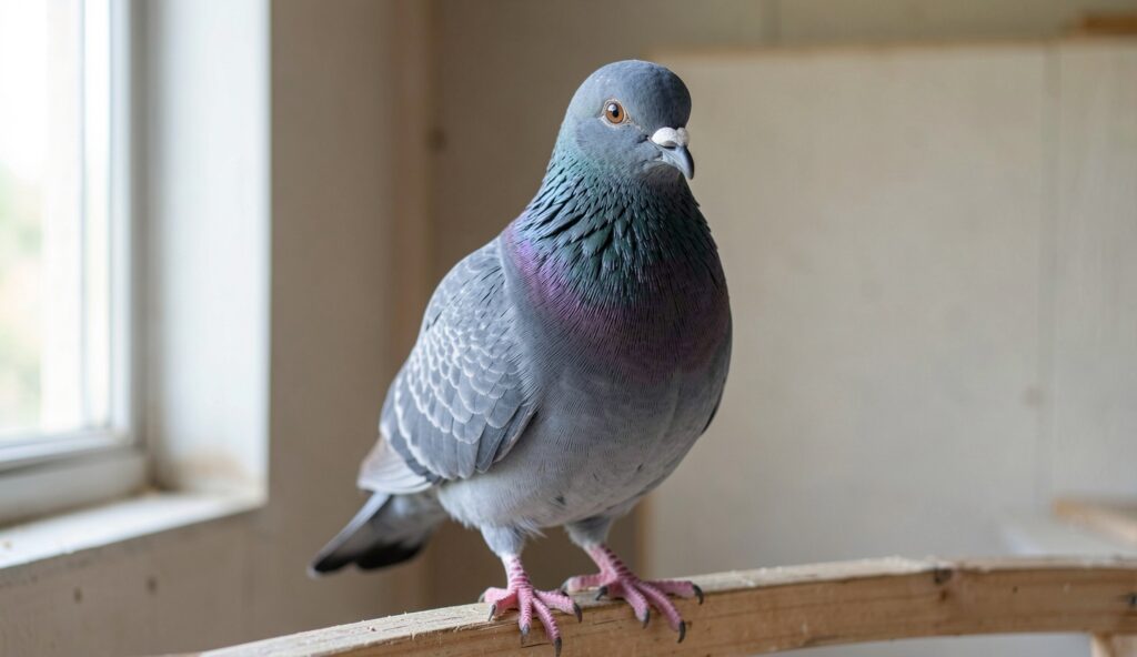 Old German Owl pigeon with short beak and chest frill perched on wood in a loft