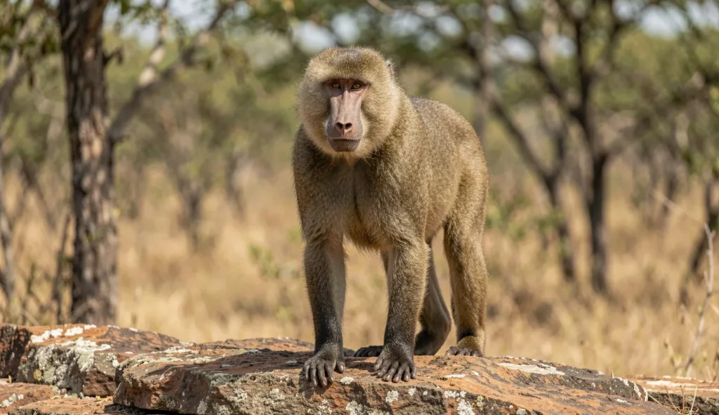 Adult olive baboon standing on a rocky outcrop in a savanna-woodland edge, olive-brown fur and alert posture.