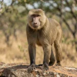 Olive Baboon Breed – Key Characteristics & Complete Breed Guide Adult olive baboon standing on a rocky outcrop in a savanna-woodland edge, olive-brown fur and alert posture.
