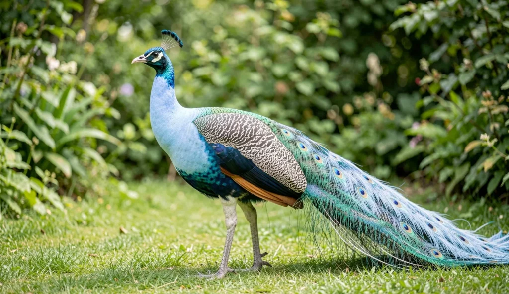 Opal Peafowl in pastel blue mutation standing in a garden