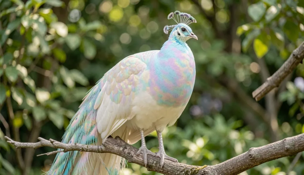 Close-up portrait of an Opaline Peafowl displaying pastel iridescent plumage on a branch