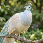 Opaline Peafowl – Iridescent Pastel Mix & Complete Breed Guide Close-up portrait of an Opaline Peafowl displaying pastel iridescent plumage on a branch