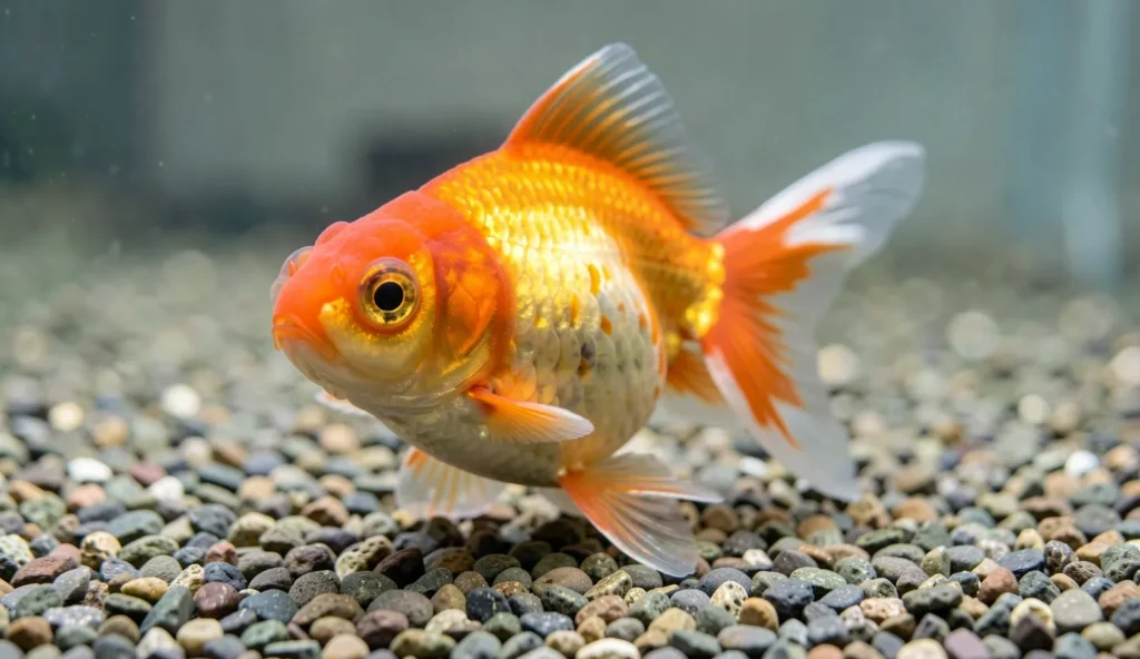 A fancy oranda goldfish with bubble eyes swimming in a clean aquarium with smooth substrate and gentle lighting.