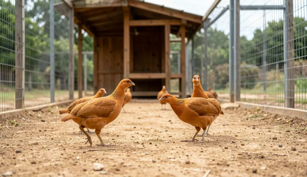 Orange River francolin birds walking on dry ground in a spacious outdoor aviary with a covered shelter and secure fencing.