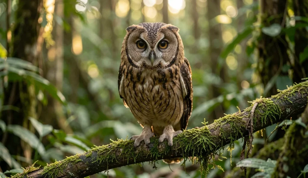 Portrait of an Oriental Bay Owl perched on a branch in a tropical rainforest showing its heart shaped face