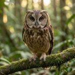 Oriental Bay Owl Rare Southeast Asian Owl And Complete Care Guide Portrait of an Oriental Bay Owl perched on a branch in a tropical rainforest showing its heart shaped face