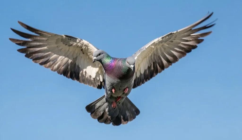 Oriental Roller pigeon tumbling in flight with wings outstretched beneath a blue sky