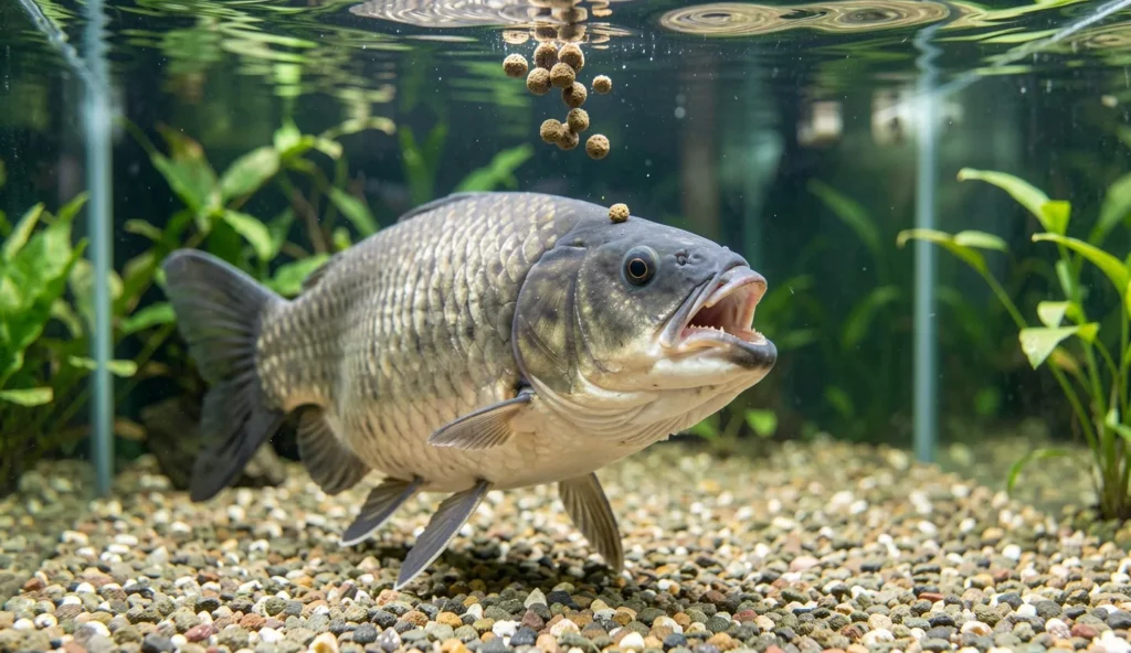 An Oscar fish eating sinking pellets near the front of a large aquarium under natural lighting.