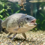 An Oscar fish eating sinking pellets near the front of a large aquarium under natural lighting.