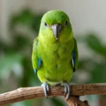 Pacific Parrotlet perched on a branch with green and blue feathers looking at the camera