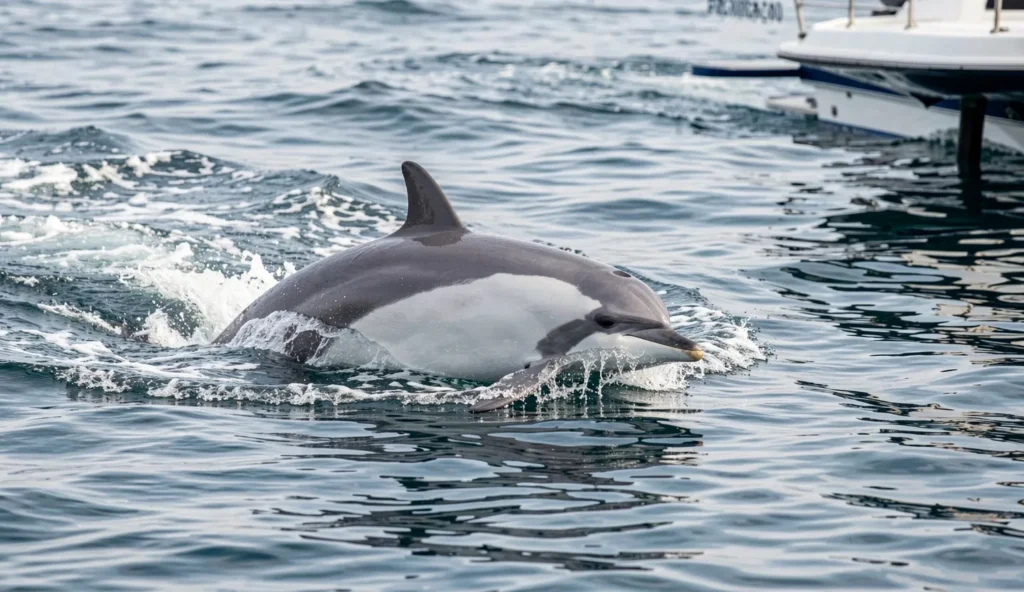 A Pacific white-sided dolphin swims in the wake of a boat, showing its gray and white coloration in cool North Pacific waters.