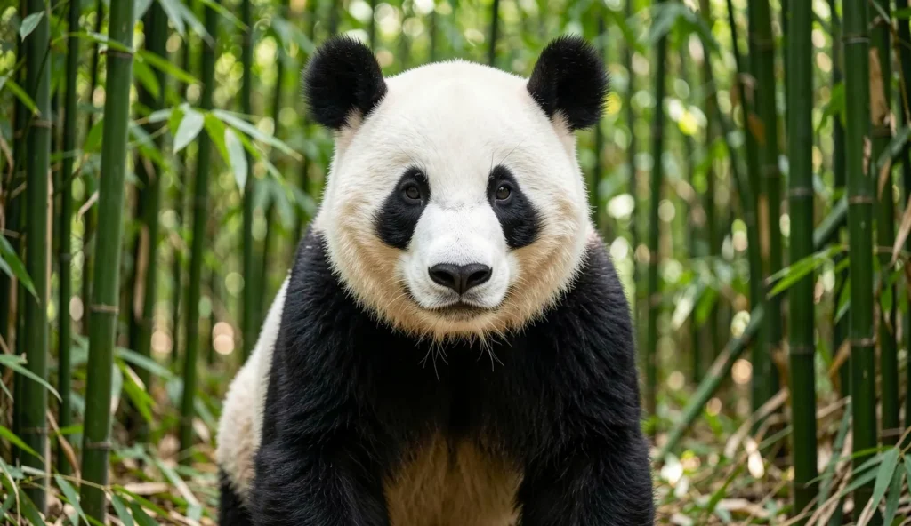 Portrait of Pan Pan the giant panda in a bamboo forest