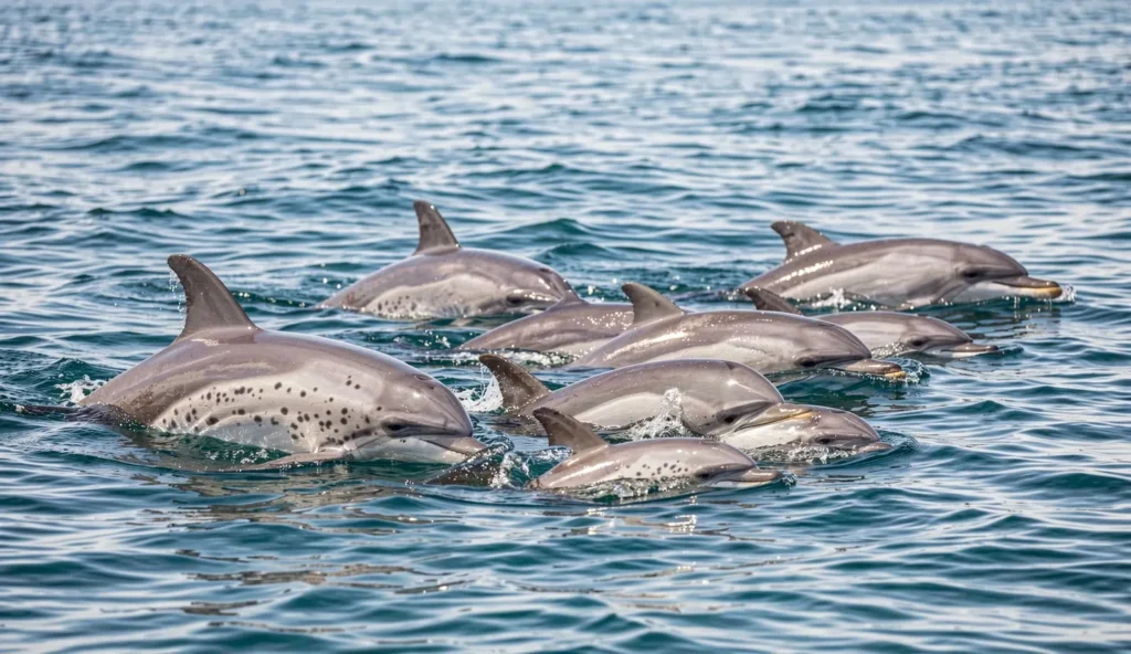 Pantropical Spotted Dolphins swimming near the ocean surface in tropical waters with visible spots along their bodies.