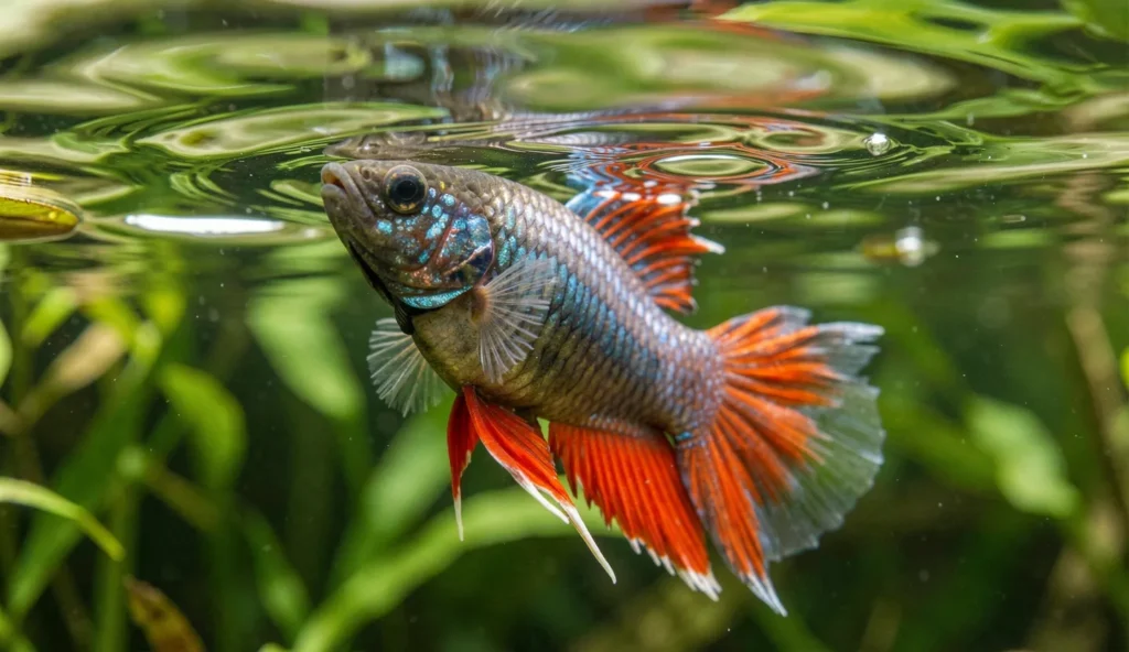 A paradise fish at the aquarium water surface with visible fins during air breathing behavior.