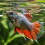 A paradise fish at the aquarium water surface with visible fins during air breathing behavior.