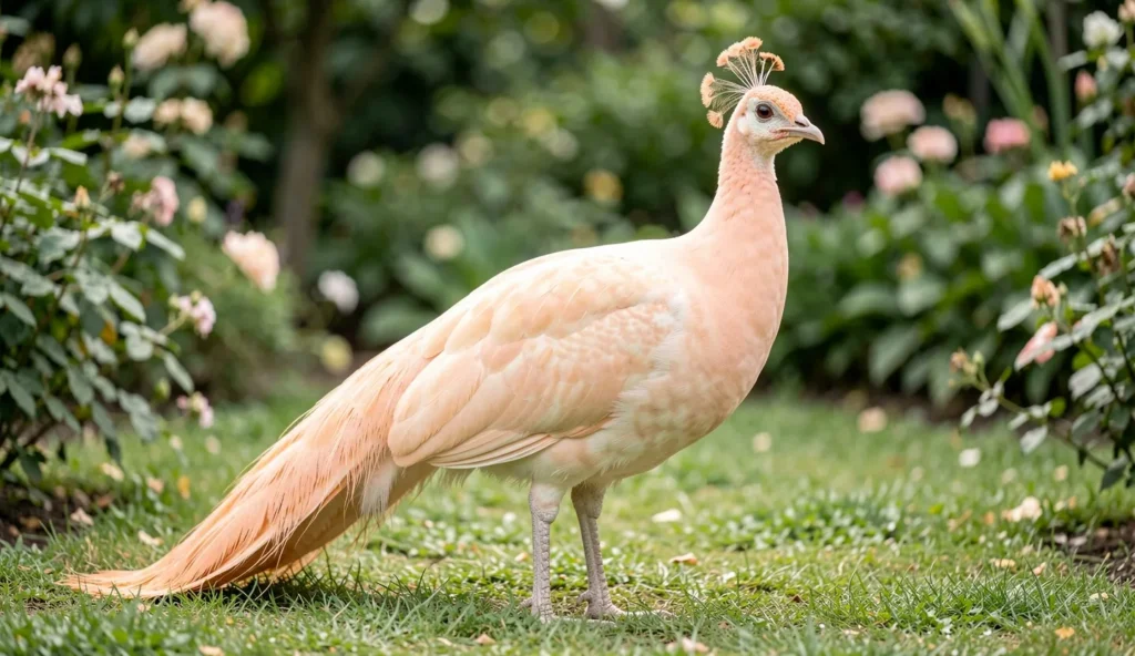Peach Peafowl with soft peach plumage in a garden setting.
