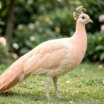 Peach Peafowl – A Soft Pastel Mutation & Complete Breed Guide Peach Peafowl with soft peach plumage in a garden setting.