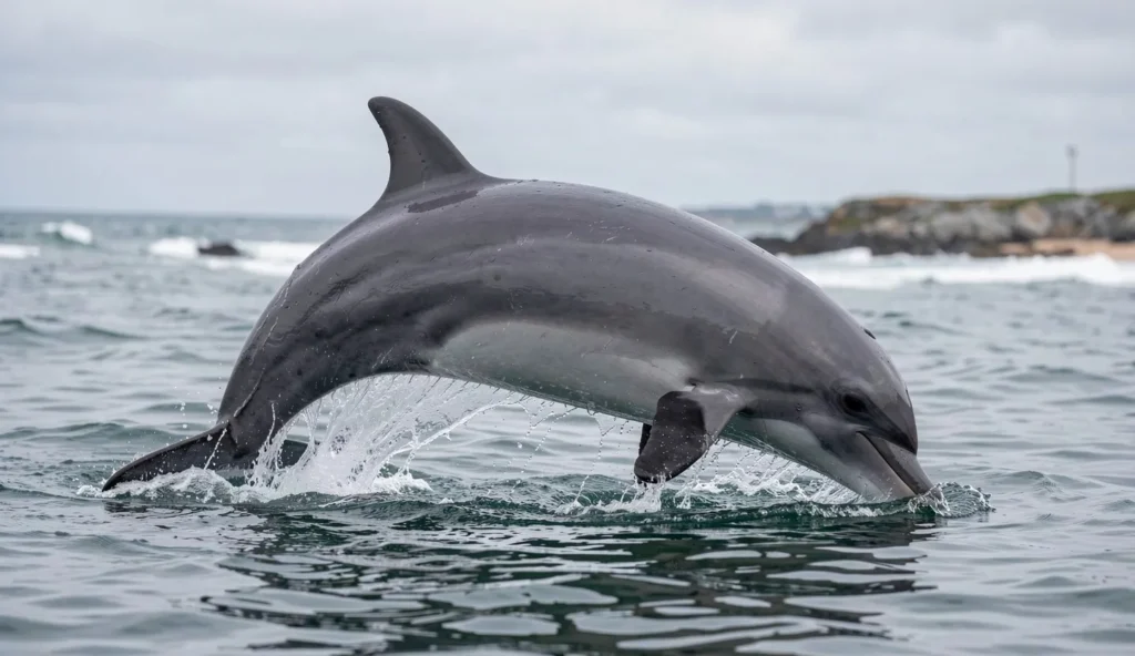 A Peale's Dolphin surfaces in coastal waters near the Falkland Islands with droplets falling into the sea.