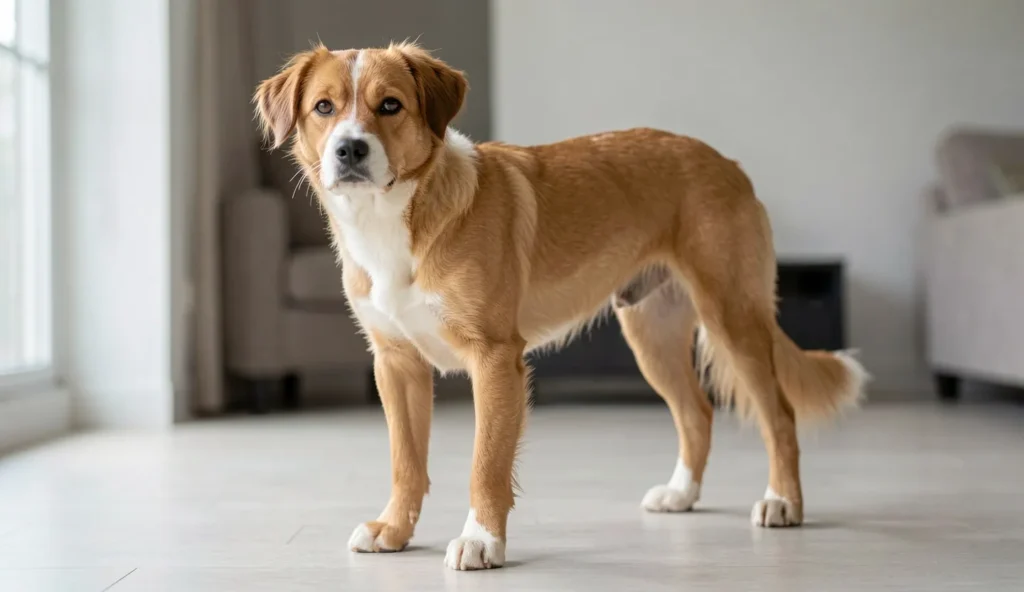 Peruvian Inca Orchid dog standing indoors with relaxed posture, showing hairless skin and partial hair on the head and tail under natural window light.