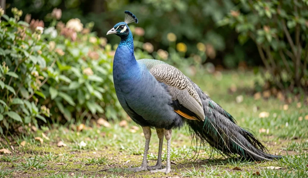 Mature Pewter Peafowl male showing metallic grey blue plumage in a garden