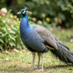 Pewter Peafowl – Metallic Grey Blue & Complete Breed Guide Mature Pewter Peafowl male showing metallic grey blue plumage in a garden