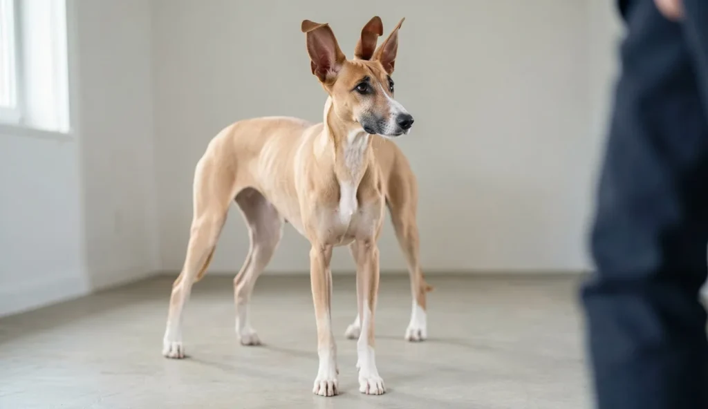 Pharaoh Hound standing alert with upright ears showing reddish coloring while looking toward a person indoors.