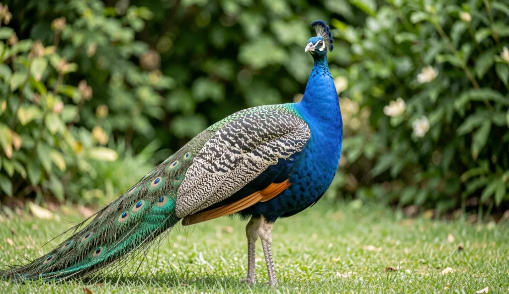 Pied Peafowl standing in a garden showing white patches on blue plumage