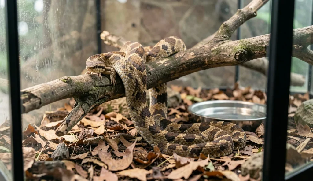A pine snake resting inside a spacious glass terrarium with a warm hide, branch perches, and pine-based bedding