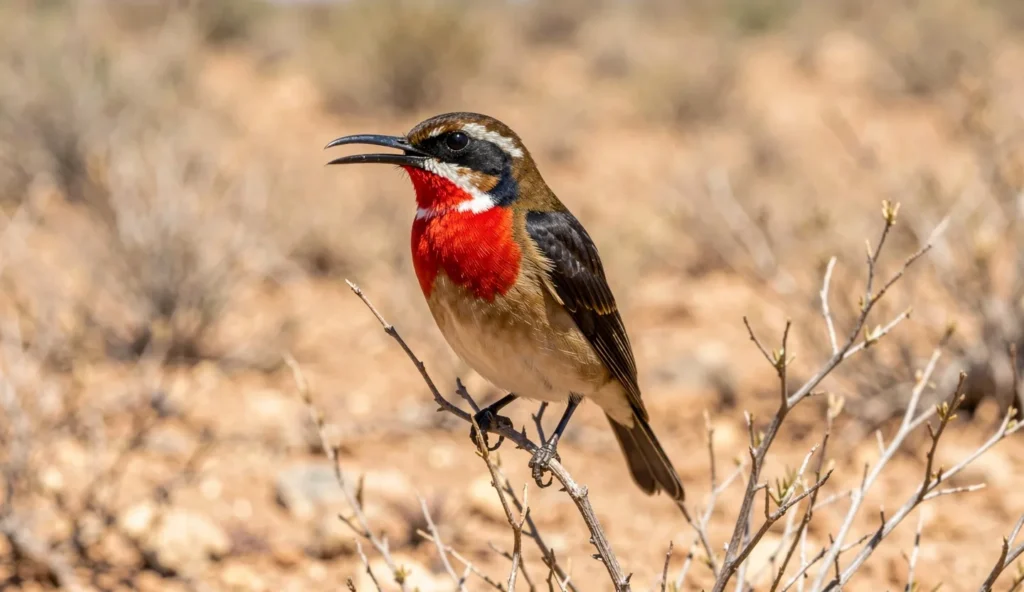 Plain-capped Starthroat perched on a desert shrub with red throat patch and white stripe in a Mexican landscape