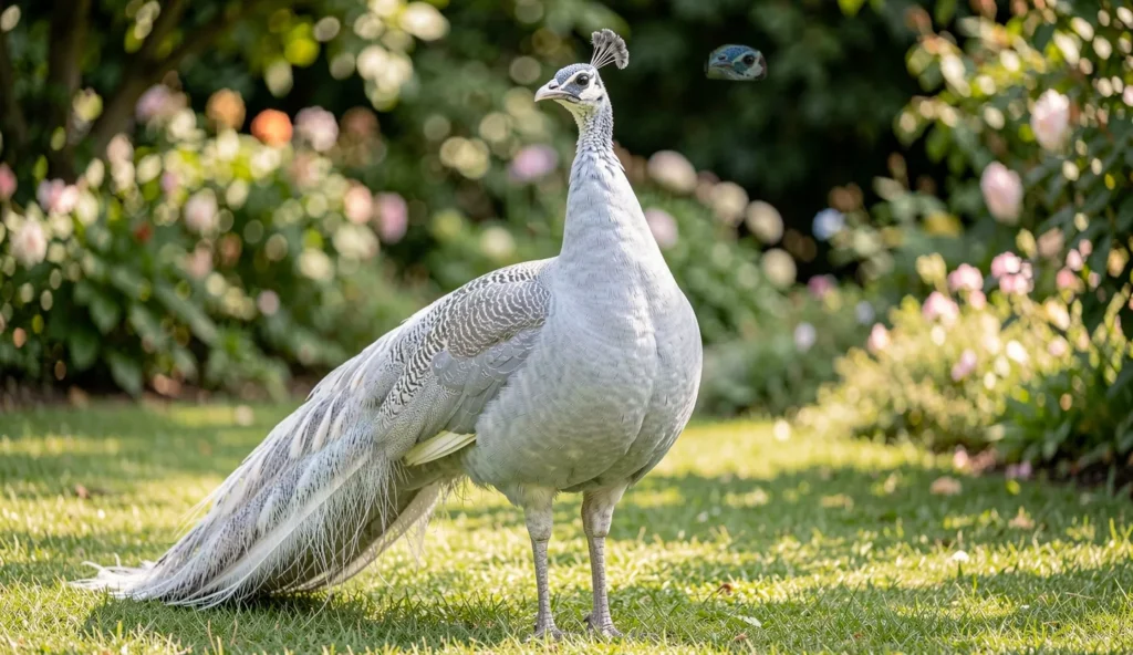 Male platinum peafowl with metallic silver-grey feathers in a garden setting