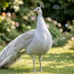 Platinum Peafowl – Metallic Silver Mutation & Complete Breed Guide Male platinum peafowl with metallic silver-grey feathers in a garden setting