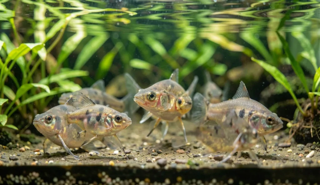 Adult platy fish with bright coloration swimming in a planted aquarium.