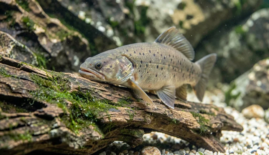 A plecostomus fish grazing on driftwood inside a home aquarium with algae visible on the surfaces.