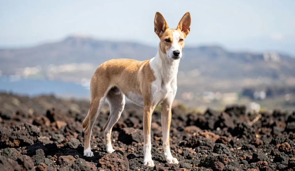 Podenco Canario standing alert on rocky ground with upright ears in natural daylight in a Canary Islands style landscape.