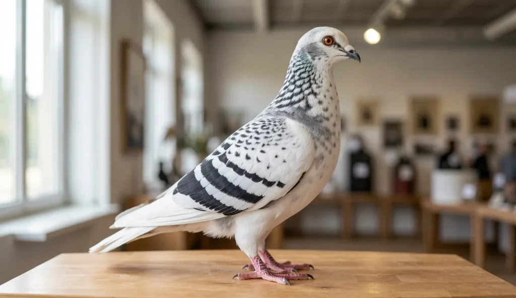 A Polish Lynx pigeon standing on a wooden show table, showing its distinctive wing bars and upright posture.