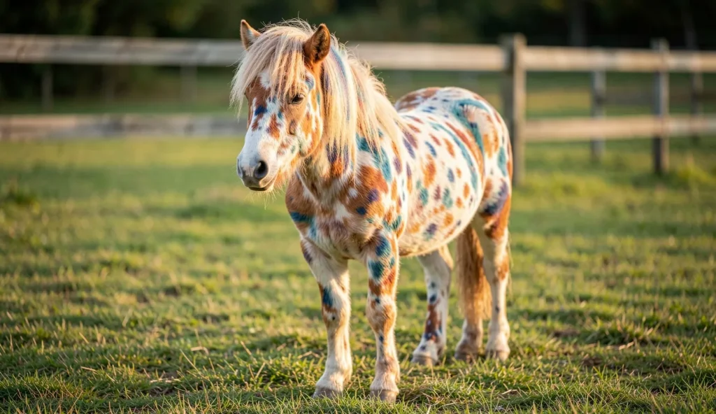 A Pony of the Americas with colorful spotted coat standing calmly in an outdoor paddock.