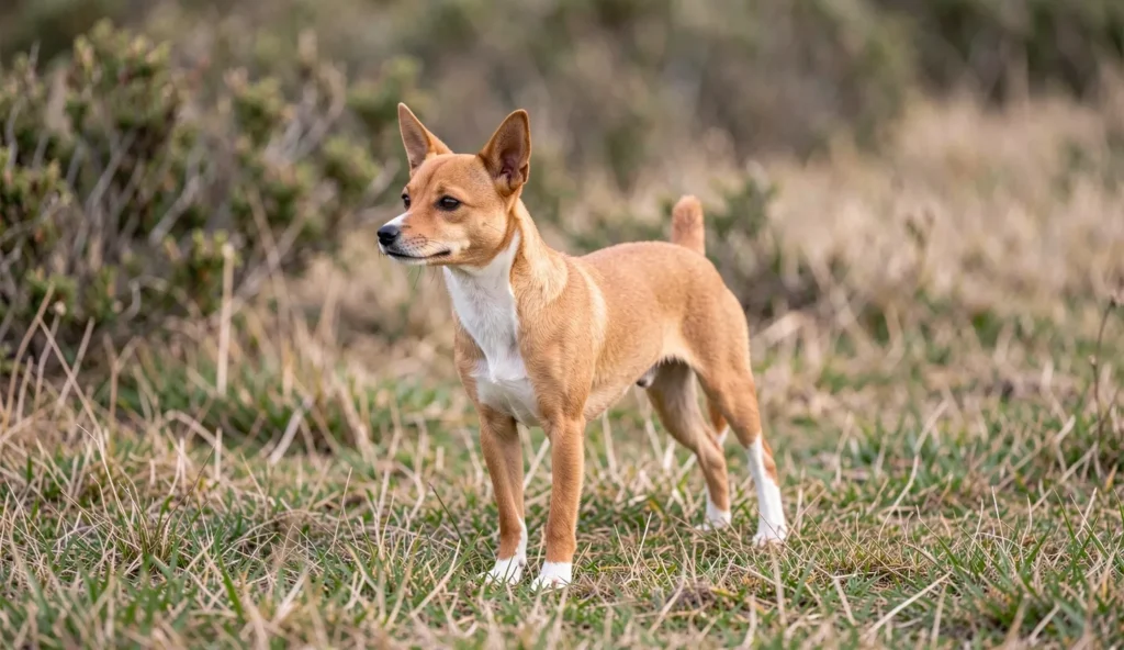 Small Portuguese Podengo Pequeno standing alert outdoors with ears pricked and head turned as if tracking a scent