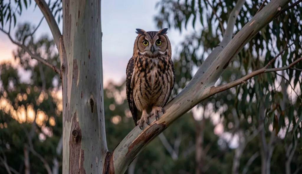 Powerful Owl perched in a tree at dusk in an Australian forest
