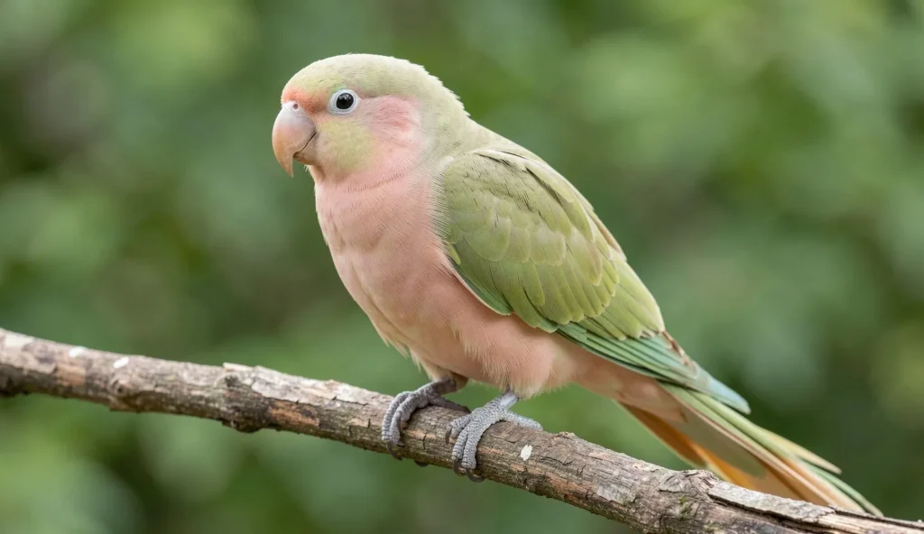 A Princess Parrot with soft olive-green and pastel pink feathers perched on a branch, long tail trailing downward.