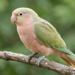 Princess Parrot – Elegant Appearance and Complete Care Guide A Princess Parrot with soft olive-green and pastel pink feathers perched on a branch, long tail trailing downward.