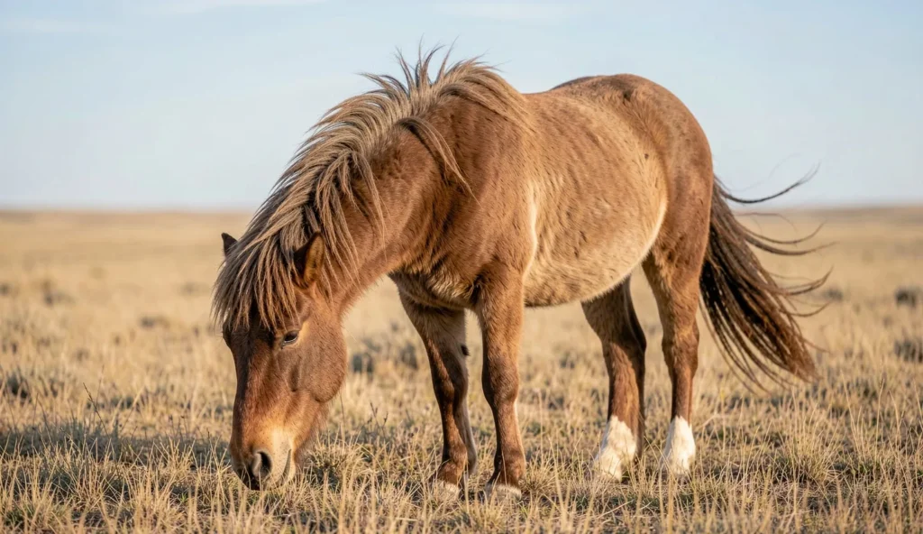 Przewalski horse grazing on the Mongolian steppe with open sky in the background.