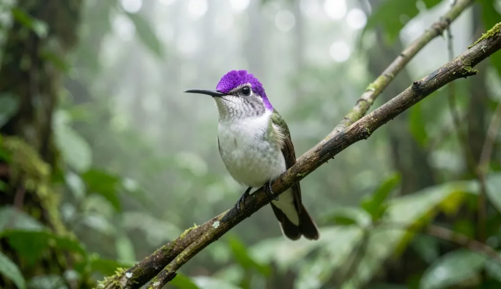 Close-up of a Purple-Crowned Fairy hummingbird with a white body and purple crown perched in a Central American cloud forest