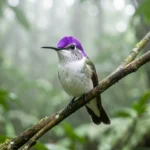 Close-up of a Purple-Crowned Fairy hummingbird with a white body and purple crown perched in a Central American cloud forest